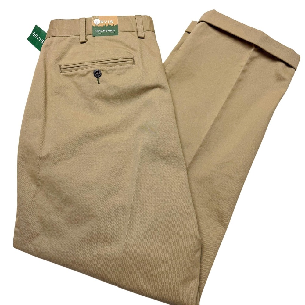 Orvis Ultimate Khaki Pants Mens 38x28 Beige Cotton Flat Front Cuffed NEW $109